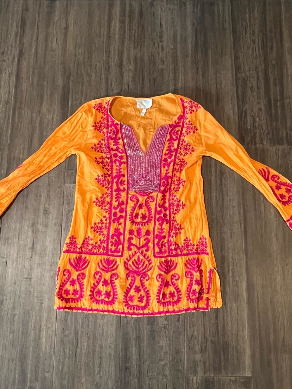 Women’s Z&L orange pink beaded embroidered Indian cotton boho tunic Med